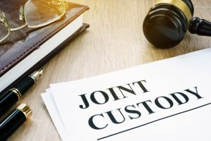sheet of paper that reads joint custody next to a gavel